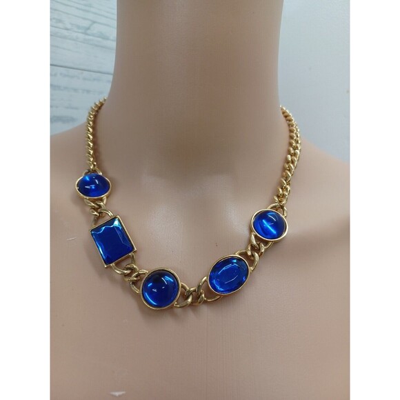 VTG. AVON GOLD TONE GLASS NECKLACE CUBAN LINK CHAIN COBALT BLUE MOGAL GRIPIOX - Picture 1 of 12